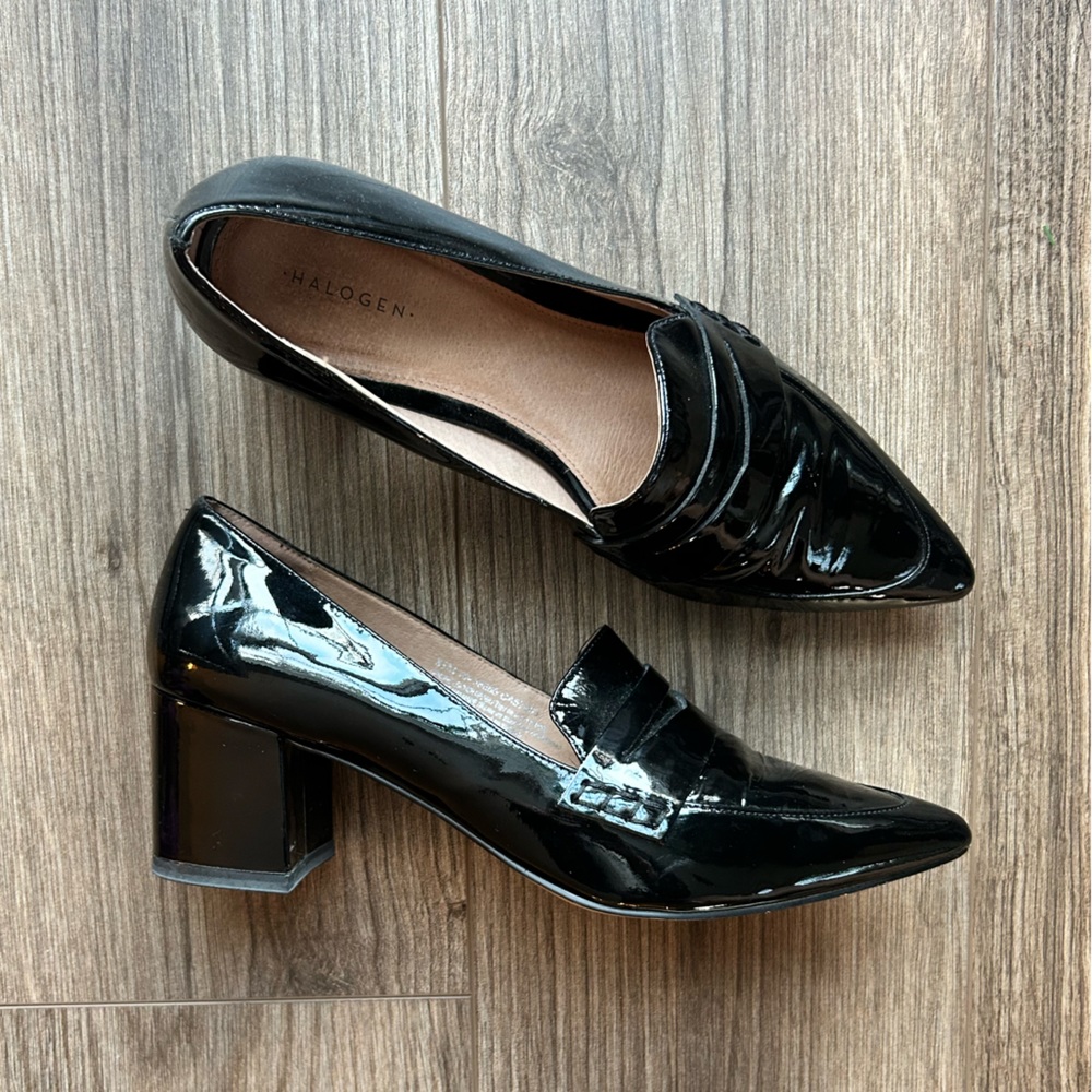 Halogen Black Patent Leather Heeled Loafers | 8.5
